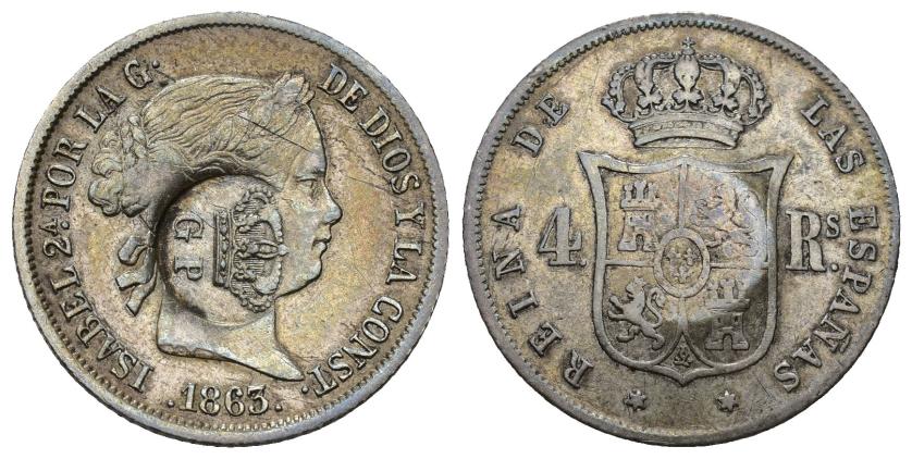 416   -  MONEDAS EXTRANJERAS. AZORES. 300 reis. Resllo G.P. coronadas sobre 4 reales 1863/2. Madrid. AR 5,11 g. 23,6 mm. KM-no. El resello MBC+.