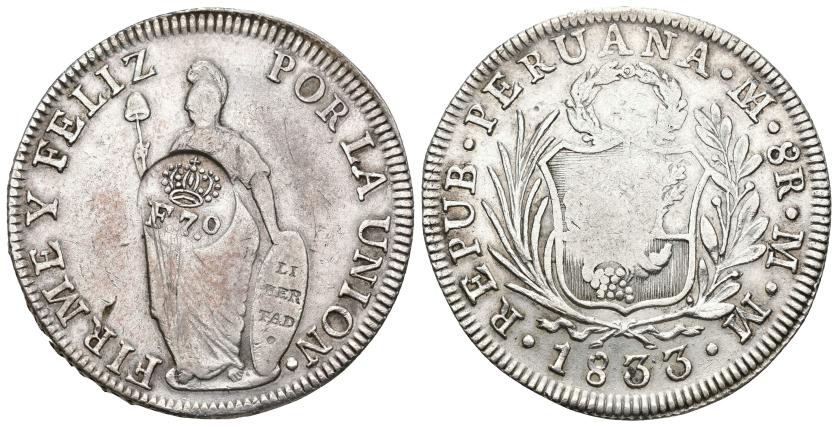 421   -  MONEDAS EXTRANJERAS. FILIPINAS. Resello F 7º coronadas sobre 8 reales 1833 Lima MM. AR 26,80 g. 40,2 mm. KM-83. El resello MBC.