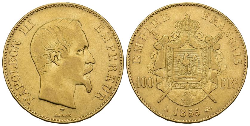 424   -  MONEDAS EXTRANJERAS. FRANCIA. Napoleón III. 100 francos. 1855-A. AU 32,10 g. 34,7 mm. KM-786.1. MBC/MBC+.