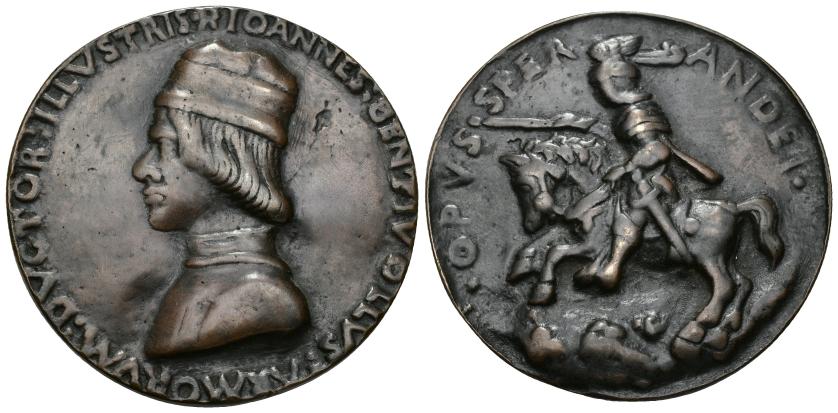 427   -  MONEDAS EXTRANJERAS. ESTADOS ITALIANOS. BOLONIA. Medalla de Giovanni II Bentivoglio (1443-1508). A/ Busto a izq.; IOANNES BENTIVOLLVS ARMORVM DVCTOR ILLVSTRIS. R/  Giovanni Bentivoglio con armadura completa y bastón de mando galopando hacia la izquierda; OPVS SPER – ANDEI. Grabador: Sperandio de Mantua. AE 175,14 g. 74,1 mm. Armand I, 65.8. Hill-380 bis. Fundición posterior. MBC.