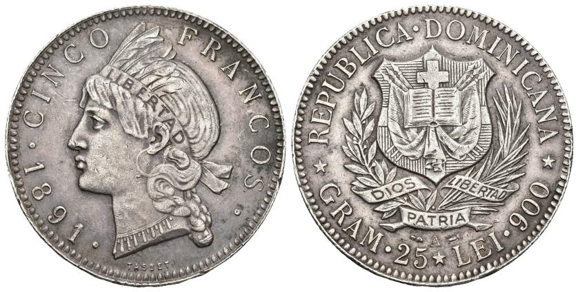 430   -  MONEDAS EXTRANJERAS. REPÚBLICA DOMINICANA. 5 francos. 1891-A. AR 24,96 g. 37,3 mm. KM-12. Rayita en anv. MBC+.