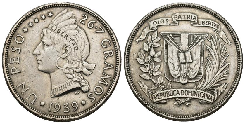 431   -  MONEDAS EXTRANJERAS. REPÚBLICA DOMINICANA. 1 peso. 1939. AR 26,73 g. 38 mm. KM-22. Pequeñas marcas. MBC+. 