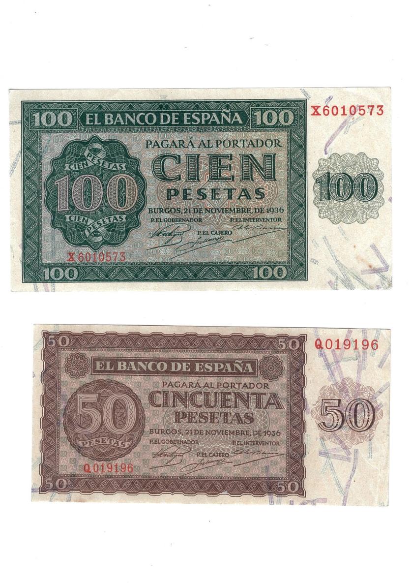 435   -  BILLETES ESPAÑOLES. Lote de 2 billetes de 50 y 100 pts. 11-1936, series Q y X (inversa). ED-D 21a y 22 a. Con apresto. MBC+.