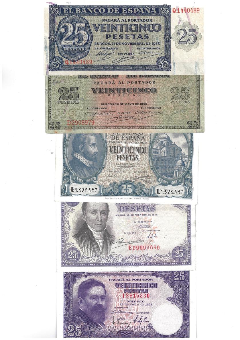 438   -  BILLETES ESPAÑOLES. Lote de 5 billetes diferentes de 25 pts. De 1936 a 1954. ED-D 20a EBC+, 31a MBC-, 37a BC+, 51a BC+ y 68a SC.