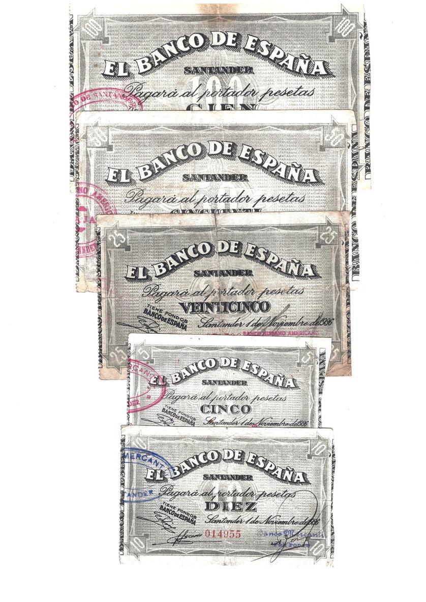 439   -  BILLETES ESPAÑOLES. Banco de España en Santander. Serie de 5 valores. 1936. ED-C 26d, C 27d, C 28c, C 29c y C 30e. Calidad media BC. Raros. 