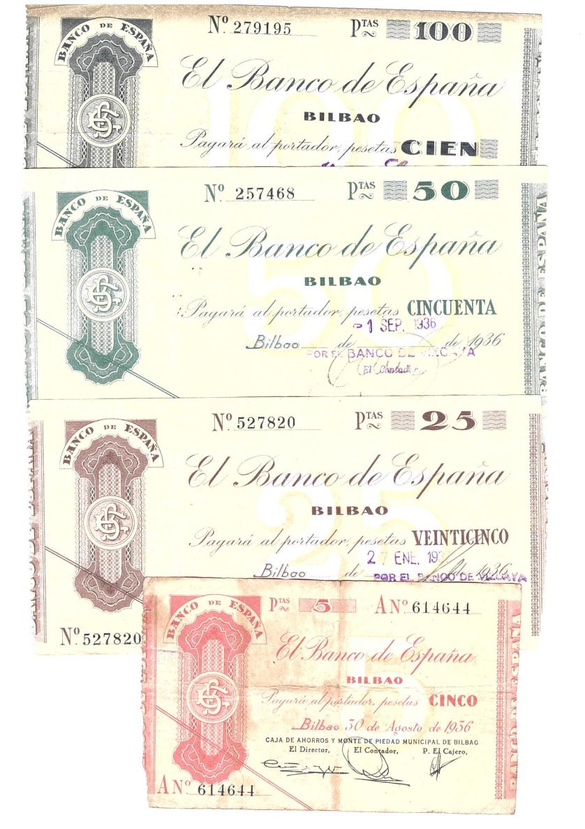 440   -  BILLETES ESPAÑOLES. Banco de España en Bilbao. Serie de 4 billetes. 1936-1937. ED-C 19Ac, C 20a; C 21a y C 22 e. De BC a MBC.