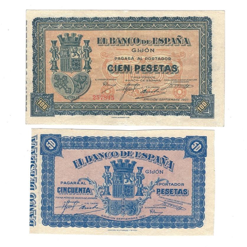 443   -  BILLETES ESPAÑOLES. Banco de España en Gijón. Lote de 2 billetes 100 y 50 pts. 9-1937. ED- C 50 y NE 33a. MBC y EBC-.