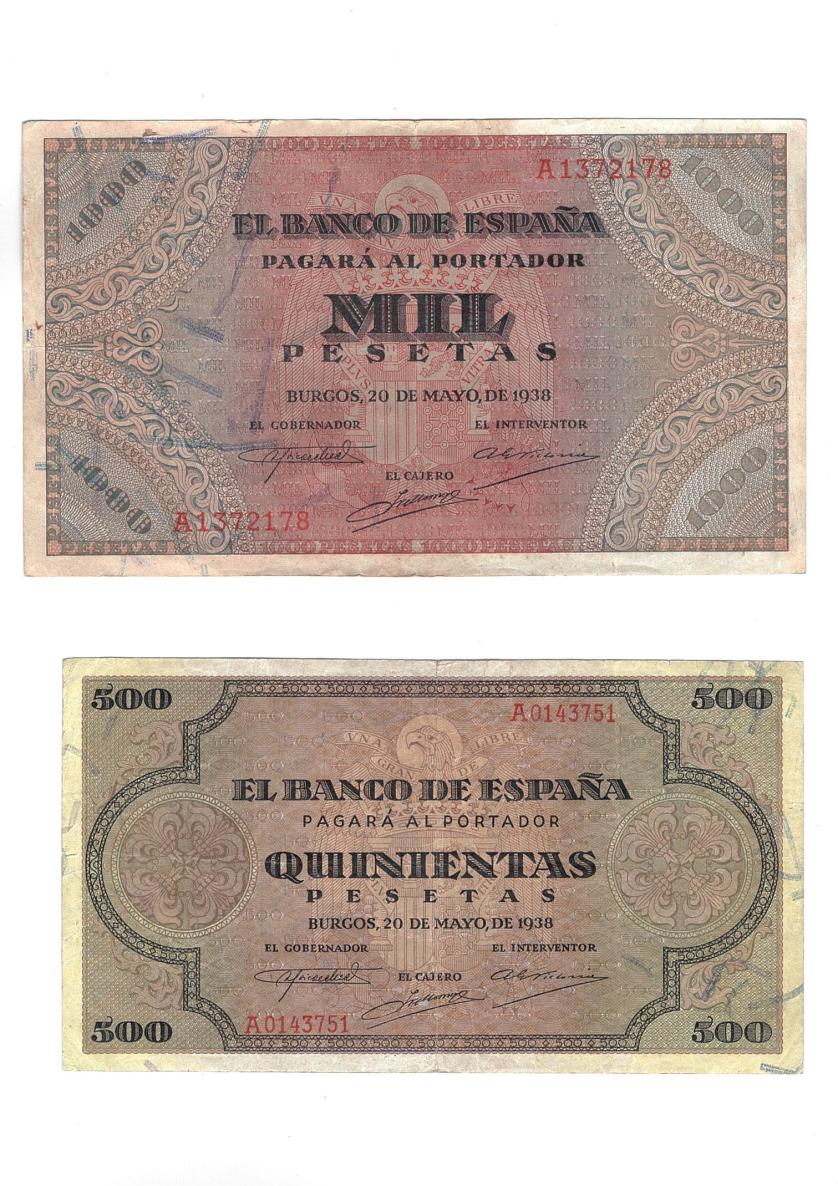 445   -  BILLETES ESPAÑOLES. Lote de 2 billetes: 500 y 1000 pts. 5-1938. Serie A. ED D-34 y 35. Sin manipular. MBC-.
