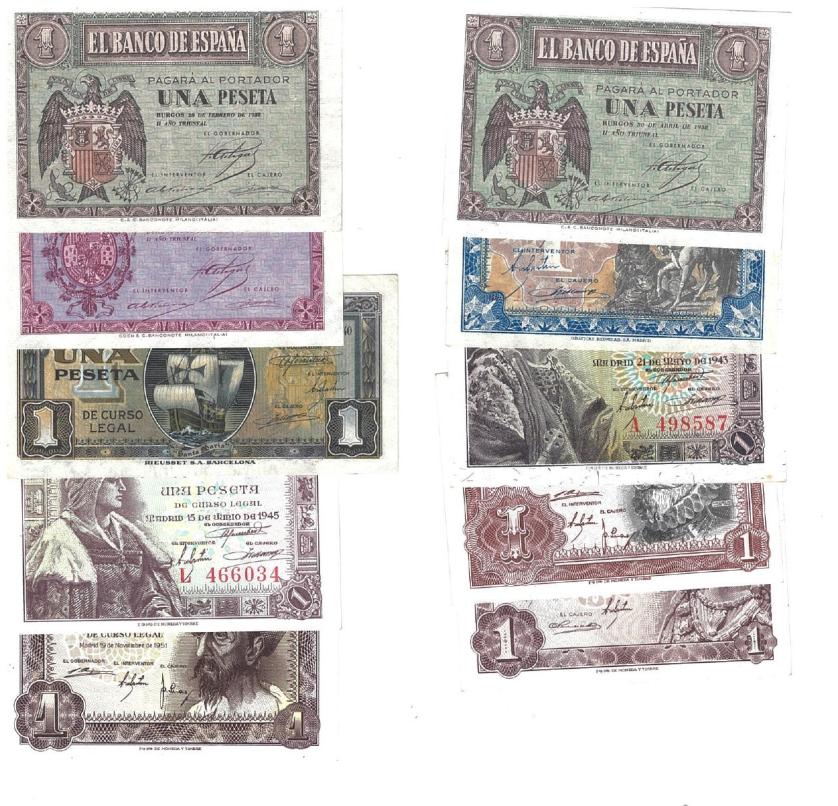 446   -  BILLETES ESPAÑOLES. Lote de 10 billetes diferentes de 1 peseta, de 1937 a 1953. ED- D 26a MBC+, D 28a MBC-, D 29a SC, D 42a SC, D 43a EBC, D 48a EBC+, D 49a EBC, D 58a EBC+, D 62a EBC+, D 66a EBC+.