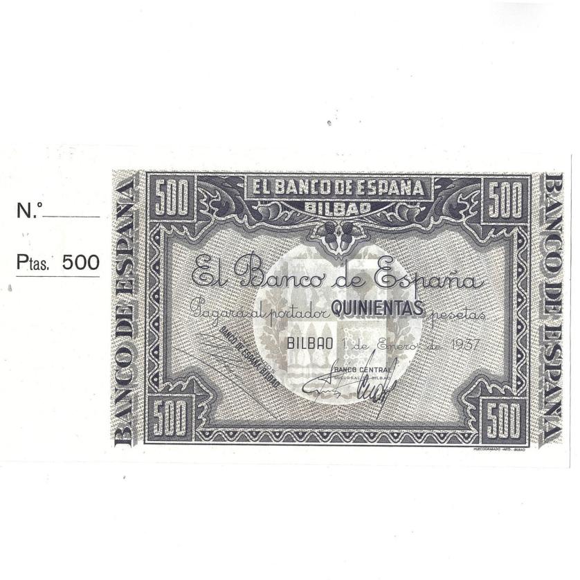453   -  BILLETES ESPAÑOLES. Banco de España en Bilbao. 500 pts. 1937 con matriz lateral ED-NE 26b. Antefirma Banco Central. SC. Escaso.. 