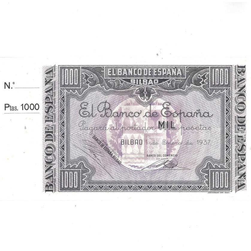 454   -  BILLETES ESPAÑOLES. Banco de España en Bilbao. 1000 pts. 1937 con matriz lateral. ED-NE 27c. SC. 
