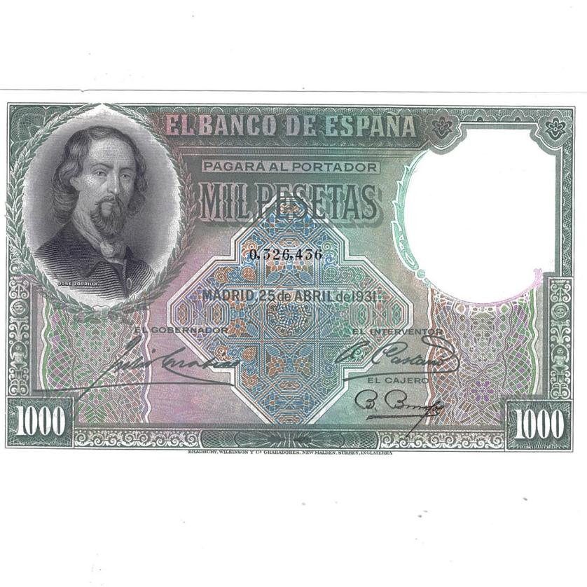 455   -  BILLETES ESPAÑOLES. 1000 pts. 4-1931. Sin serie. ED-C 13. Mínima rotura del papel en margen superior. SC.