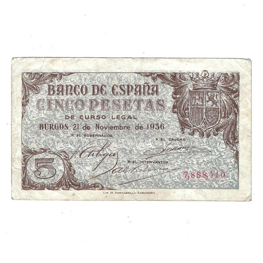 458   -  BILLETES ESPAÑOLES. 5 pts. 11-1936. Sin serie. Impreso por M. Portabella en Zaragoza. Sin manipular. BC+. Raro.