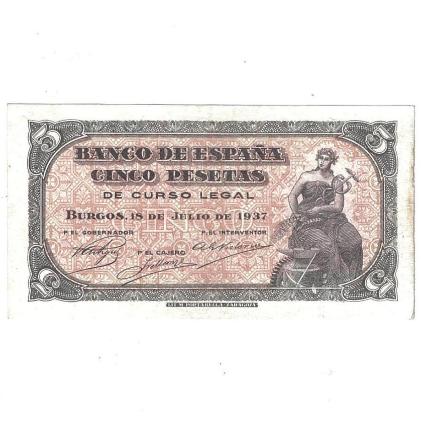 459   -  BILLETES ESPAÑOLES. 5 pts. 7-1937. Serie C. ED-D 25a. Lateral derecho dañado. EBC.