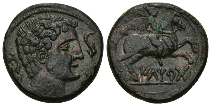 6   -  HISPANIA ANTIGUA. ILTIRTA. As. A/ Cabeza masculina a der., alrededor tres delfines. R/ Jinete con palma a der., debajo sobre línea ILTiRTa. AE 12,33 g. 25,5 mm. I-1465. ACIP-1251. Pátina verde oscuro. EBC-/MBC+.