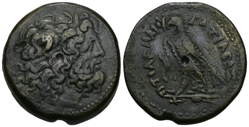 67   -  GRECIA ANTIGUA. EGIPTO. Ptolomeo III. AE-42. A/ Cabeza de Zeus-Amón a der. R/ Águila sobre haz de rayos a der., delante cornucopia, entre las patas monograma XP. AE 62,12 g. 39,6 mm. SBG-7814. Erosión en rev. MBC. Ex subasta Jesús Vico 16 (27-2-1991), lote 118.