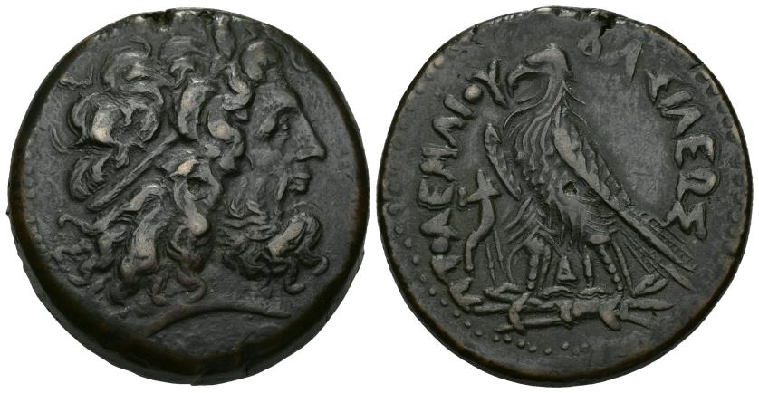 68   -  GRECIA ANTIGUA. EGIPTO. Ptolomeo IV. AE-42. A/ Cabeza de Zeus-Amón a der. R/ Águila sobre haz de rayos a der., delante cornucopia, entre las patas DI. AE 65,51 g. 41,4 mm. SBG-7841. MBC+.