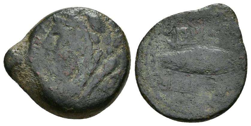 108   -  HISPANIA ANTIGUA. BEUIPO-SALACIA. Mitad. A/ Cabeza de Melkart a izq. con leonté y clava al hombro; delante ley. externa CANDNI parcialmente visible. R/ Atún a der. entre ley. sudlusitanas KETOUIBON y SISBE. A. S. parcialmente visibles. AE 6,55 g. 23,2 mm. CNH- 5a. ACIP-976. CC-3049, mismo ejemplar. RC-/BC-. Muy rara.