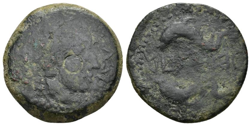 109   -  HISPANIA ANTIGUA. BEUIPO-SALACIA. Unidad. A/ Cabeza masculina a der., delante SISVC (.A). R/ Dos delfines a izq., en medio ley. sudlusitana BEUIBUM parcialmente visible. AE 15,78 g. 27,4 mm. CNH-7 corr. ACIP-978. CC-3050, mismo ejemplar. Contramarca circular en rev. Pátina oscura. BC-. Muy rara.