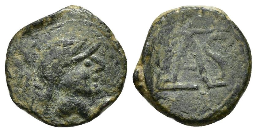 115   -  HISPANIA ANTIGUA. LASTIGI. Sextante. A/ Cabeza masculina con casco a der. R/ LAS. AE 2,51 g. 15,9 mm. CNH-5. ACIP-2375. CC- 3299, mismo ejemplar. Pátina verde. MBC-. Rara.