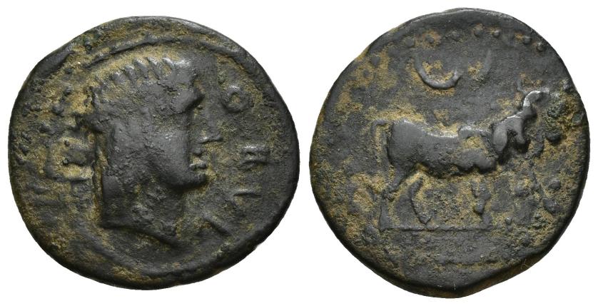 147   -  HISPANIA ANTIGUA. OBULCO. Semis. A/ Cabeza de Apolo a der., delante ley. externa OBVL, detrás externa NIG. R/ Toro a der., encima creciente. AE 6,74 g. 24,2 mm. CNH-85 vte. ACIP-2262 vte. CC-2930 corr., mismo ejemplar. Pátina oscura. BC+. Rara.