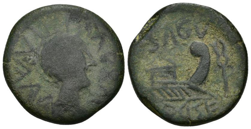 170   -  HISPANIA ANTIGUA. ARSE-SAGUNTUM. As. A/ Cabeza de Roma a der.; BiULAKoS BaLKaLTuR. R/ Proa a der., delante caduceo, encima SAGV, debajo ley. ibérica ARSE. AE 17,35 g. 29,2 mm. I-2084. ACIP-2011. Pátina verde. BC+.