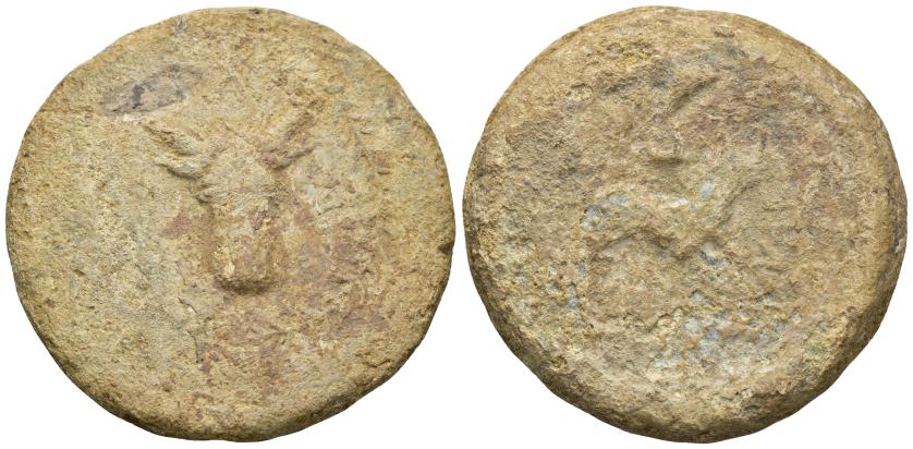 207   -  HISPANIA ANTIGUA. Plomo monetiforme. Serie de las minas. A/ Cabeza frontal de toro, alrededor láurea. R/ Toro a der. Pb 118,05 g. 50 mm. CCP-anv. sim. a p. 28. BC-/RC.
