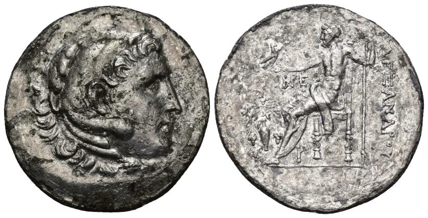 217   -  GRECIA ANTIGUA. MACEDONIA. Alejandro III. Tetradracma. Temnos (c. 200 a.C.). R/ Oinocoe con vides delante de Zeus, monograma y letra E bajo su brazo. AR 16,08 g. 33,1 mm. PRC-1686. Erosiones. MBC.