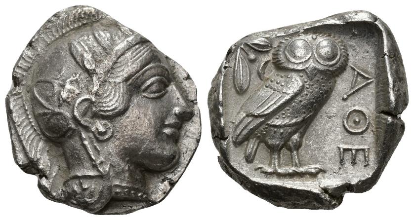 228   -  GRECIA ANTIGUA. ÁTICA. Atenas. Tetradracma (454-405 a.C.). A/ Cabeza de Atenea a der. R/ Lechuza a der. dentro de cuadrado incuso, detrás rama de olivo, delante AQE. AR 16,90 g. 26,3 mm. COP-34 ss. SBG-2526. Cospel irregular. MBC+.