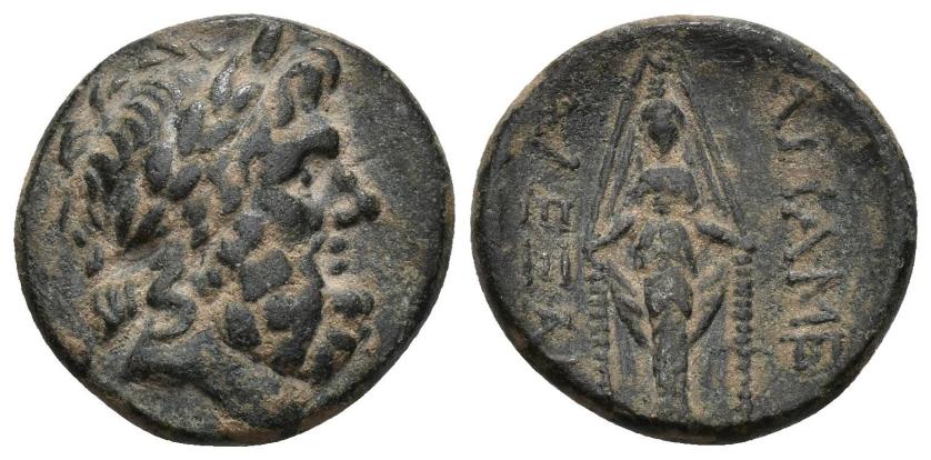 237   -  GRECIA ANTIGUA. FRIGIA. Apamea (c. 133-48 a.C.). A/ Cabeza de Zeus a der. R/ Estatua de Artemisa. AE. 6,16 g. 20,2 mm. COP-170. SBG-5121. Pátina verde. MBC/MBC-. 