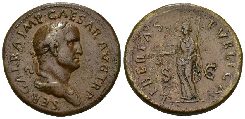 280   -  IMPERIO ROMANO. GALBA. Sestercio. Roma (68-69 d.C.). A/ Cabeza laureada y drapeada a der.; alrededor ley. interna SER GALBA IMP CAESAR AVG TR P. R/ Libertas a izq. con pileus y vara; en campo S-C; alrededor interna LIBERTAS PVBLICA. AE 26,43 g. 36,24 mm. RIC-237 (vte. ley. anv.). Leves erosiones en rev. Pátina marrón. MBC. Rara.