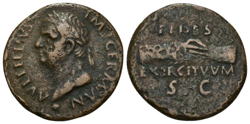 282   -  IMPERIO ROMANO. VITELIO. As. Tarraco. A/ Cabeza laureada a izq.; A VITELLIVS IMP GERMAN. R/ Manos estrechadas; FIDES EXERCITVVM/ SC. AE 9,46 g. 27,5 mm. RIC-42. ACIP-4251. Erosiones. MBC-. 