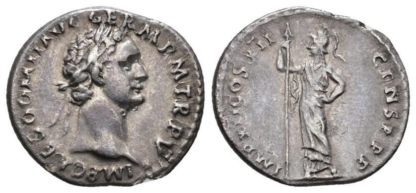 289   -  IMPERIO ROMANO. DOMICIANO. Denario. Roma (86 d.C.). A/ Cabeza laureada a der.; IMP CAES DOMIT AVG GERM P M TR P V. R/ Minerva con lanza a izq.; IMP XII COS XII CENS P P P. Ar 3,20 g. 20,1 mm. RIC-441. Pequeña grieta. MBC. 