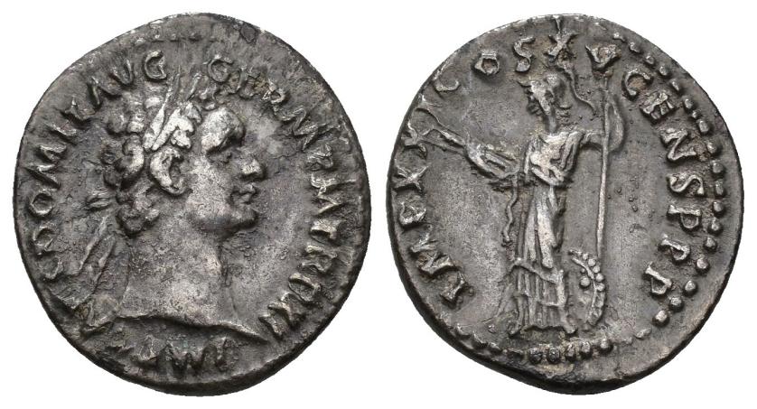 291   -  IMPERIO ROMANO. DOMICIANO. Denario. Roma (91 d.C.). A/ Cabeza laureada a der.; IMP CAES DOMIT AVG GERM P M TR P XI. R/ Minerva a izq. con haz de rayos, lanza y escudo detrás; IMP XXI COS XV CENS P P P. AR 3,06 g. 19,3 mm. RIC-726. MBC.