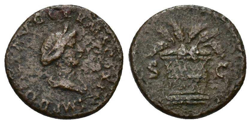 299   -  IMPERIO ROMANO. DOMICIANO. Cuadrante. Roma (85 d.C.). A/ Busto de Ceres a der.; IMP DOM (…) AVG GERM COS XI. R/ Modio con espigas; S-C. AE 2,43 g. 30,6 mm. RIC-315. Erosiones. MBC-. Muy rara.