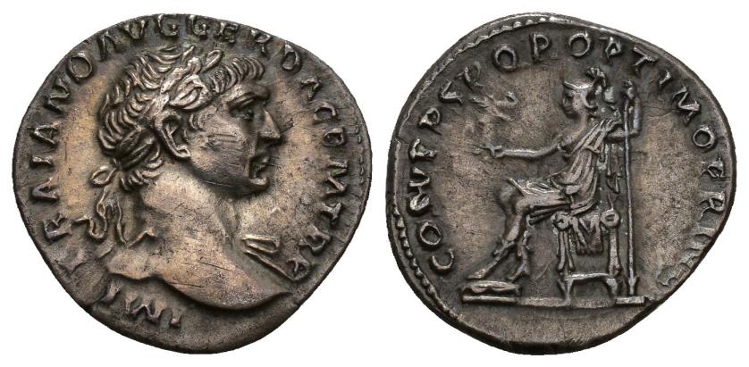 310   -  IMPERIO ROMANO. TRAJANO. Denario. Roma (103-111). A/ Busto laureado a der., drapeado al hombro; IMP TRAIANO AVG GER DAC P M TR P. R/ Roma sentada a der. con Victoria y lanza; COS V P P SPQR OPTIMO PRINC. AR 3,21 g. 19 mm. RIC-116. Rayitas. MBC+.