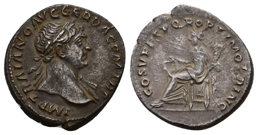 311   -  IMPERIO ROMANO. TRAJANO. Denario. Roma (103-111). A/ Busto laureado y drapeado al hombro a der.; IMP TRAIANO AVG GER DAC P M TR P. R/ Aequitas sentada a izq. con balanza y cornucopia; COS V P P SPQR OPTIMO PRINC. AR 3,19 g. 19,9 mm. RIC-119. Rayitas en rev. MBC+/MBC.