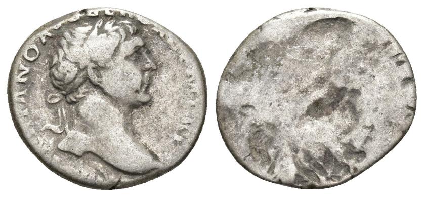 328   -  IMPERIO ROMANO. TRAJANO. Denario. A/ Cabeza laureada a der., ley. poco visible. R/ Incuso. AR 3,15 g. 17,6 mm. BC+.