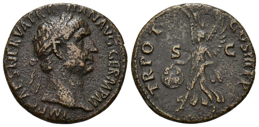 334   -  IMPERIO ROMANO. TRAJANO. As. Roma (99-100). A/ Cabeza laureada a der.; IMP CAES NERVA TRAIAN AVG GERM P M. R/ Victoria avanzando a izq. con escudo inscrito SP/QR y palma; S-C, TR POT COS III P P. AE 9,45 g. 26,5 mm. RIC-417. Superficies erosionadas. MBC.