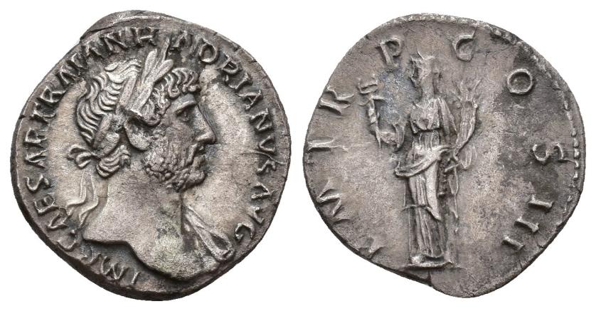 335   -  IMPERIO ROMANO. ADRIANO. Denario. Roma (119-120). A/ Busto laureado y drapeado al hombro a der.; IMP CAESAR TRAIAN HADRIANVS AVG. R/ Felicitas a izq. con caduceo y cornucopia; P M TR P COS III. AR 3,10 g. 17,7 mm. RIC-221. MBC+.