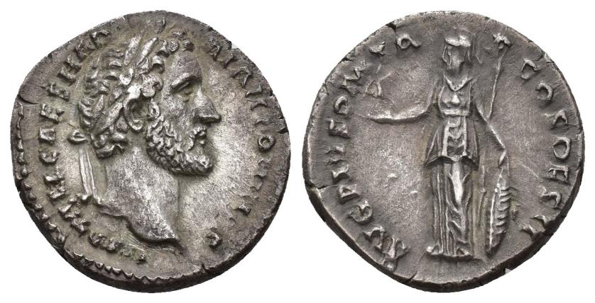 350   -  IMPERIO ROMANO. ANTONINO PÍO. Denario. Roma (138). A/ Cabeza laureada a der.; IMP T AEL CAES HADRI ANTONINVS. R/ Minerva a izq. con Victoria, lanza y escudo; AVG PÌVS P M TR P COS DES II. AR 3,10 g. 18,2 mm. RIC-9c. MBC/MBC+.