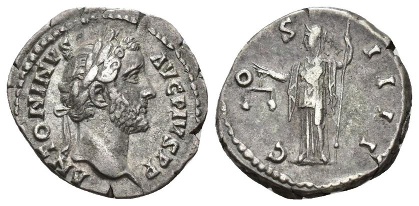 352   -  IMPERIO ROMANO. ANTONINO PÍO. Denario. Roma (145-161). A/ Cabeza laureada a der.; ANTONINVS AVG PIVS P P. R/ Aequitas con urna y balanza a izq.; COS IIII. AR 3,24 g. 19,1 mm. RIC-127c. MBC.