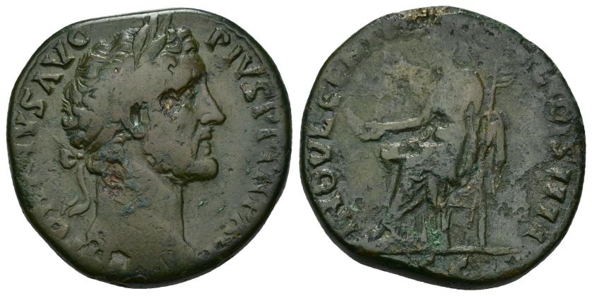 356   -  IMPERIO ROMANO. ANTONINO PÍO. Sestercio. Roma (post. 152). A/ Cabeza laureada a der.; ANTONINVS AVG PIVS P P TR P XV(…). R/ Indulgentia sentada a izq. con cetro; INDVLGENTIA COS IIII, S-C. AE 23,17 g. 30,8 mm. RIC-914? Erosiones. Pátina verde. MBC-/BC+.