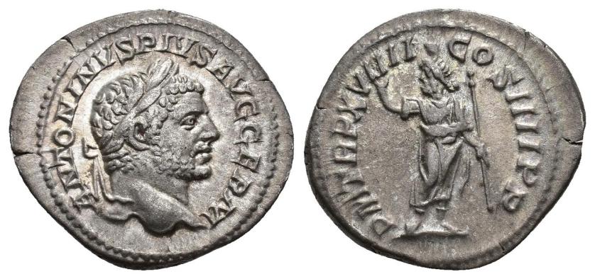 383   -  IMPERIO ROMANO. CARACALLA. Denario. Roma (215). A/ Cabeza laureada a der.; ANTONINVS PIVS AVG GERM. R/ Serapis a der. mirando a izq. con cetro; P M TR P XVIII COS IIII P P. AR 3,08 g. 20,4 mm. RIC-263F. MBC. 