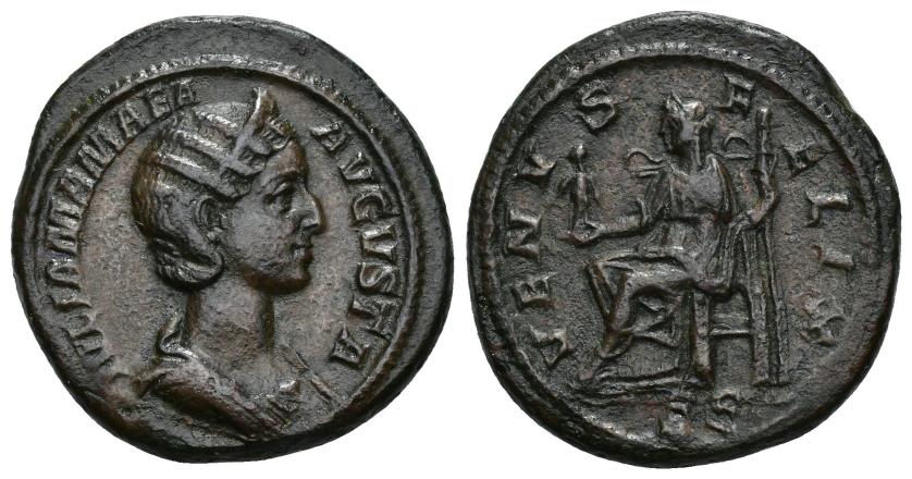 394   -  IMPERIO ROMANO. JULIA MAMEA. As. A/ Busto diademado a der.; IVLIA MAMAEA. R/ Venus sentada a izq.; VENVS FELIX, exergo S C. AE 11,27 g. 26,6 mm. RIC-703. Pátina marrón. MBC+. Escasa.