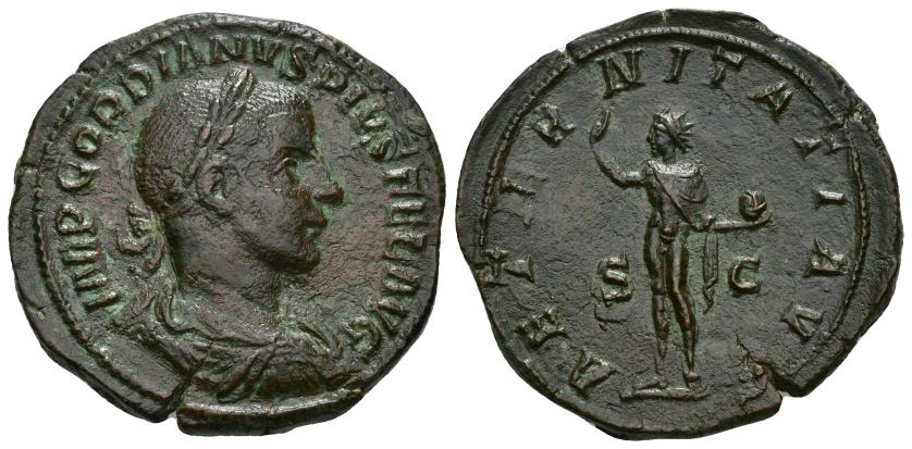 401   -  IMPERIO ROMANO. GORDIANO III. Sestercio. Roma (240). A/ Busto laureado, drapeado y con coraza a der.; IMP GORDIANVS PIVS FEL AVG. R/ Sol con mano der. levantada y globo; AETERNITATI AVG, S-C. AE 22,08 g. 14,3 mm. RIC-297a. Pátina marrón rugosa. MBC/MBC+.