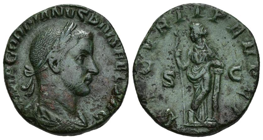 402   -  IMPERIO ROMANO. GORDIANO III. Sestercio. Roma (244). A/ Busto laureado, drapeado y acorazado a der.; IMP GORDIANVS PIVS FEL AVG. R/ Securitas a izq. con cetro y apoyada en columna; SECVRIT PERPET, S-C. AE 15,20 g. 26,4 mm. RIC-335A. Pátina verde. MBC.