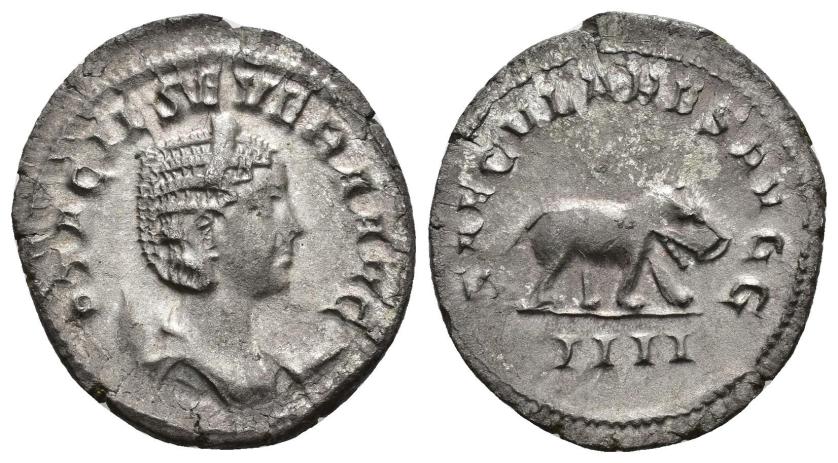 408   -  IMPERIO ROMANO. OTACILIA SEVERA. Antoniniano. Roma (244-249). A/ Busto diademado y drapeado a der. sobre creciente; OTACIL SEVERA AVG. R/ Hipopótamo avanzando a der., en exergo IIII; SAECVLARES AVGG. VE 4,06 g. 24,3 mm. RIC-116b. MBC+. 