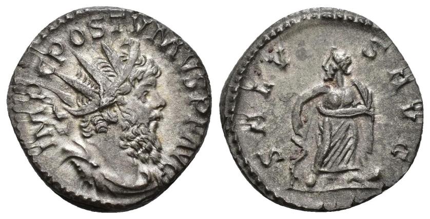 423   -  IMPERIO ROMANO. PÓSTUMO. Antoniniano. Treveris (266). A/ Busto radiado, drapeado y acorazado a der.; IMP C POSTVMVS P F AVG. R/ Salus mirando a izq. sosteniendo serpiente enrollada en una vara y con globo a sus pies; SALVS AVG. VE 4,14 g. 20,1 mm. RIC-86. EBC-. 