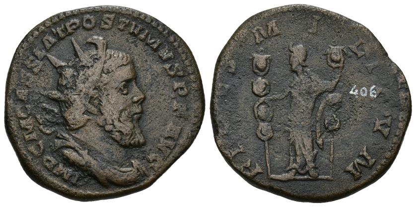 425   -  IMPERIO ROMANO. PÓSTUMO. Sestercio. Colonia (266-267). A/ Busto radiado, drapeado y con coraza a der.; IMP C M CASS LAT POSTVMVS P F AVG. R/ Fides mirando a der. con dos estandartes; FIDES MILITVM. AE 18,60 g. 31,8 mm. RIC-123. MBC-/BC+.